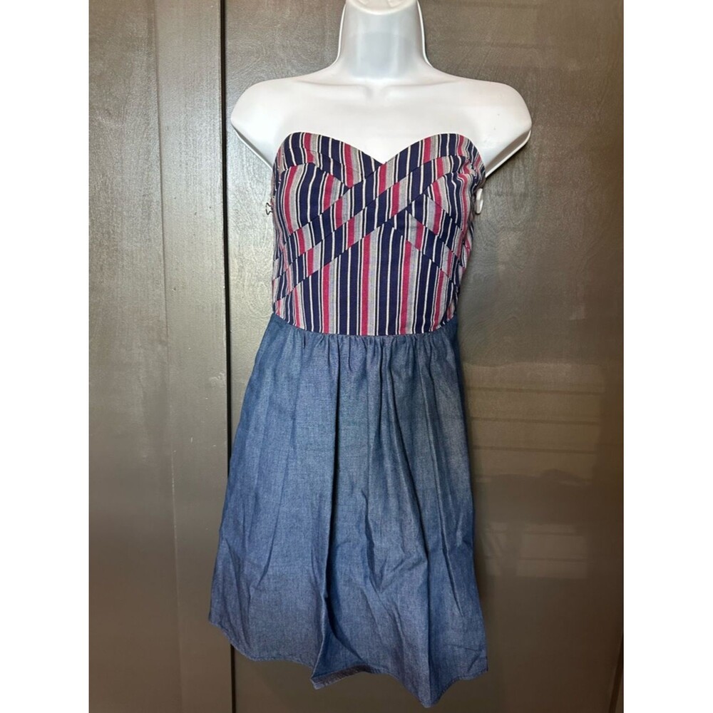 Hive & Honey Navy, Pink & Chambray Strapless Dress